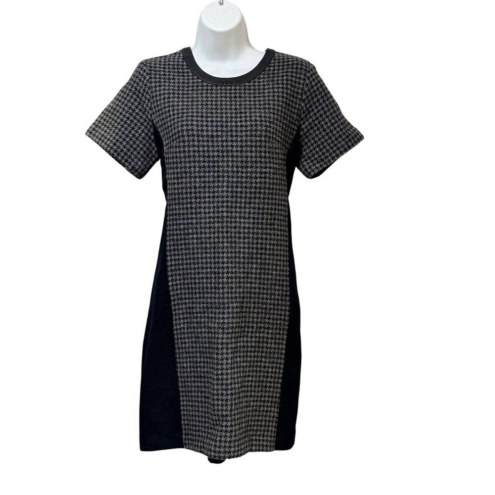 J.Crew Womens Wool Houndstooth Shift Dress Black Gray Leather Trim Size 8
